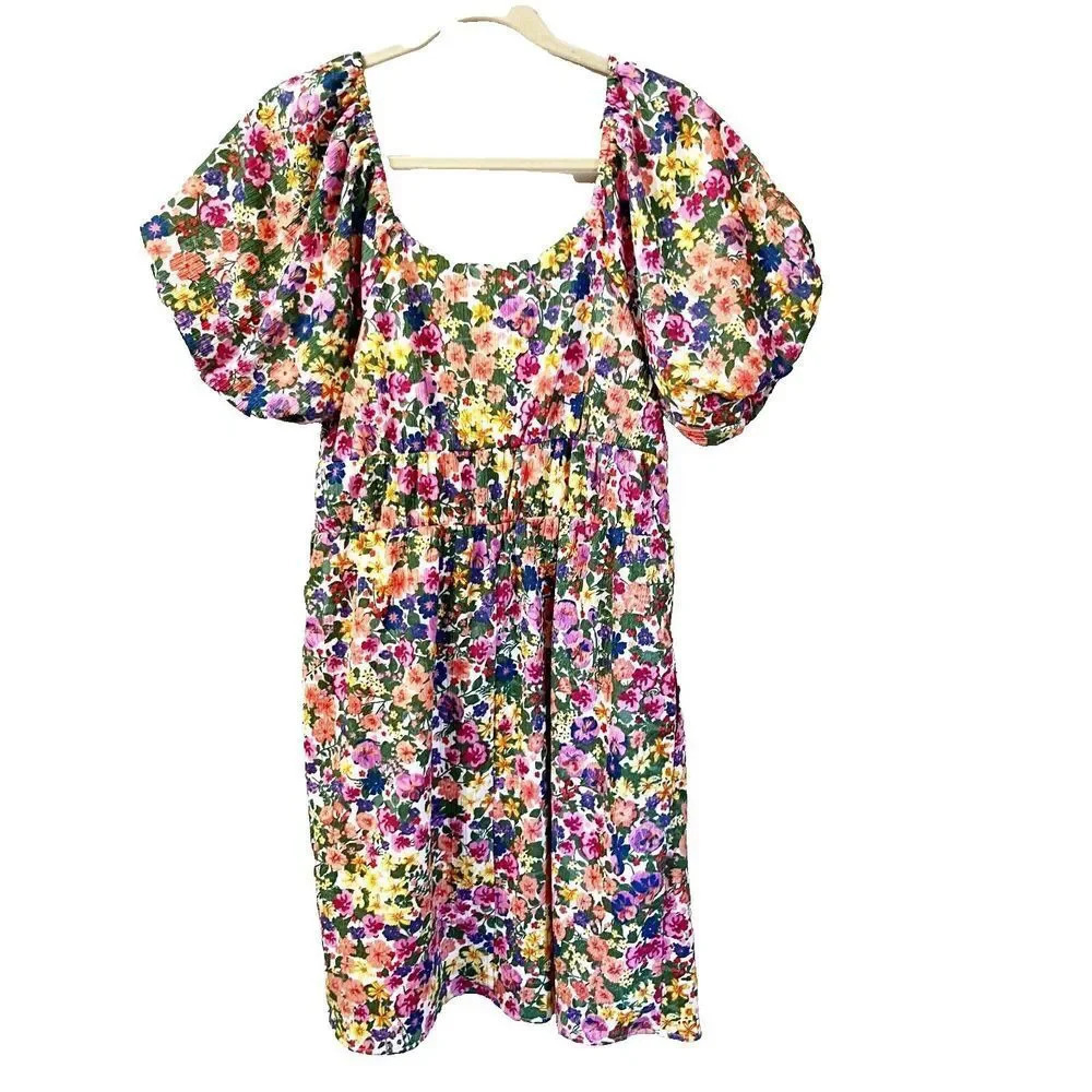 Cato Womens Multicolor Fit & Flare Dress Large Floral Puff Sleeve Pullover